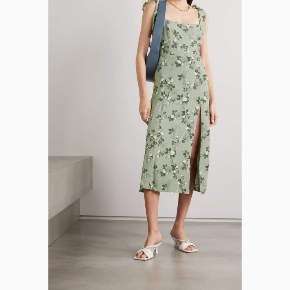 NWOT Reformation Twilight Dress in Verde Green White Floral Midi Tie Straps - Picture 10 of 14